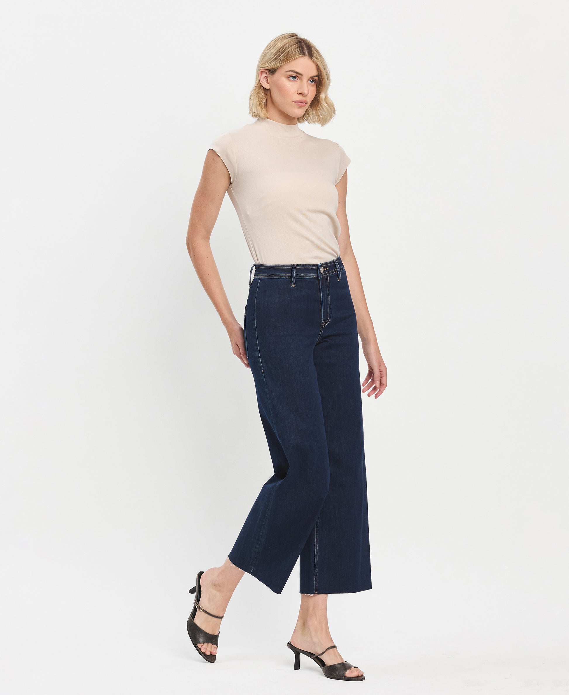 Genial - High Rise Clean Cut Raw Hem Wide Leg Jeans