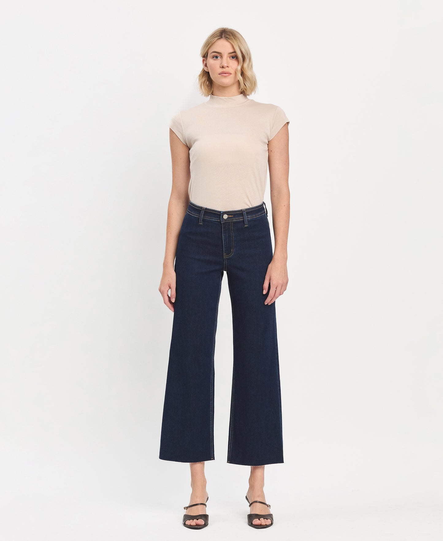 Front product images of Genial - High Rise Clean Cut Raw Hem Wide Leg Jeans