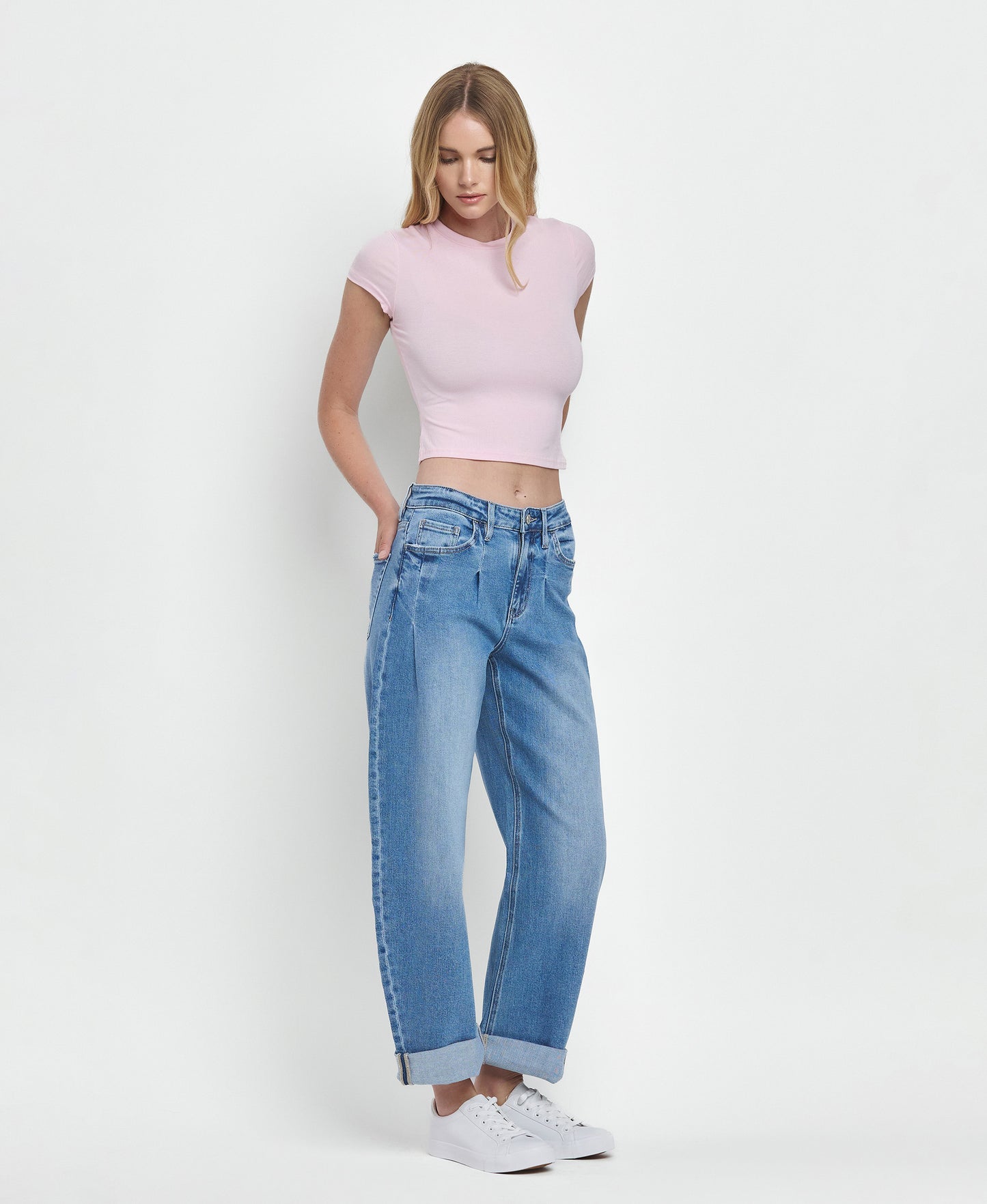 Right 45 degrees product image of Wind Snap - Super High Rise Cuffed Barrel Jeans
