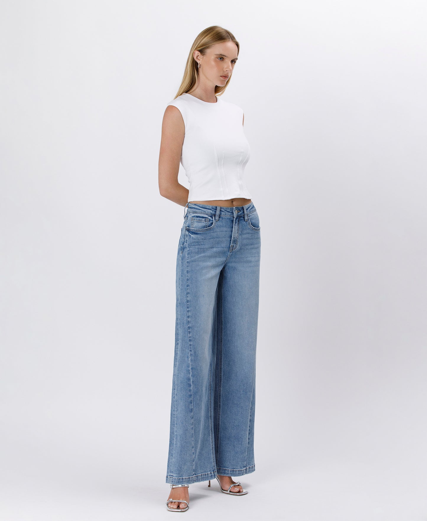 Right 45 degrees product image of Enthuse - High Rise Seam Detail Palazzo Jeans