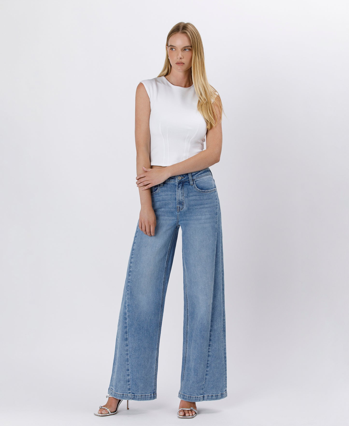 Front product images of Enthuse - High Rise Seam Detail Palazzo Jeans