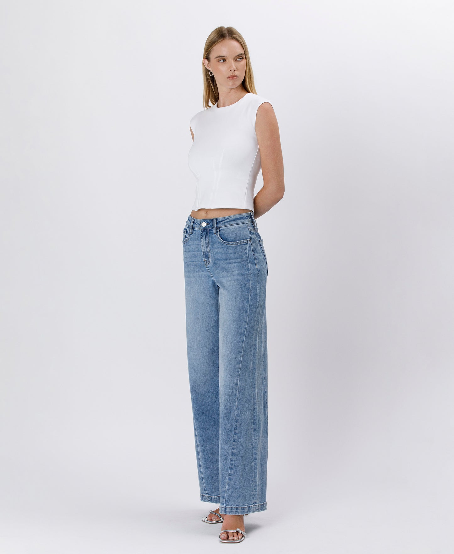 Left 45 degrees product image of Enthuse - High Rise Seam Detail Palazzo Jeans