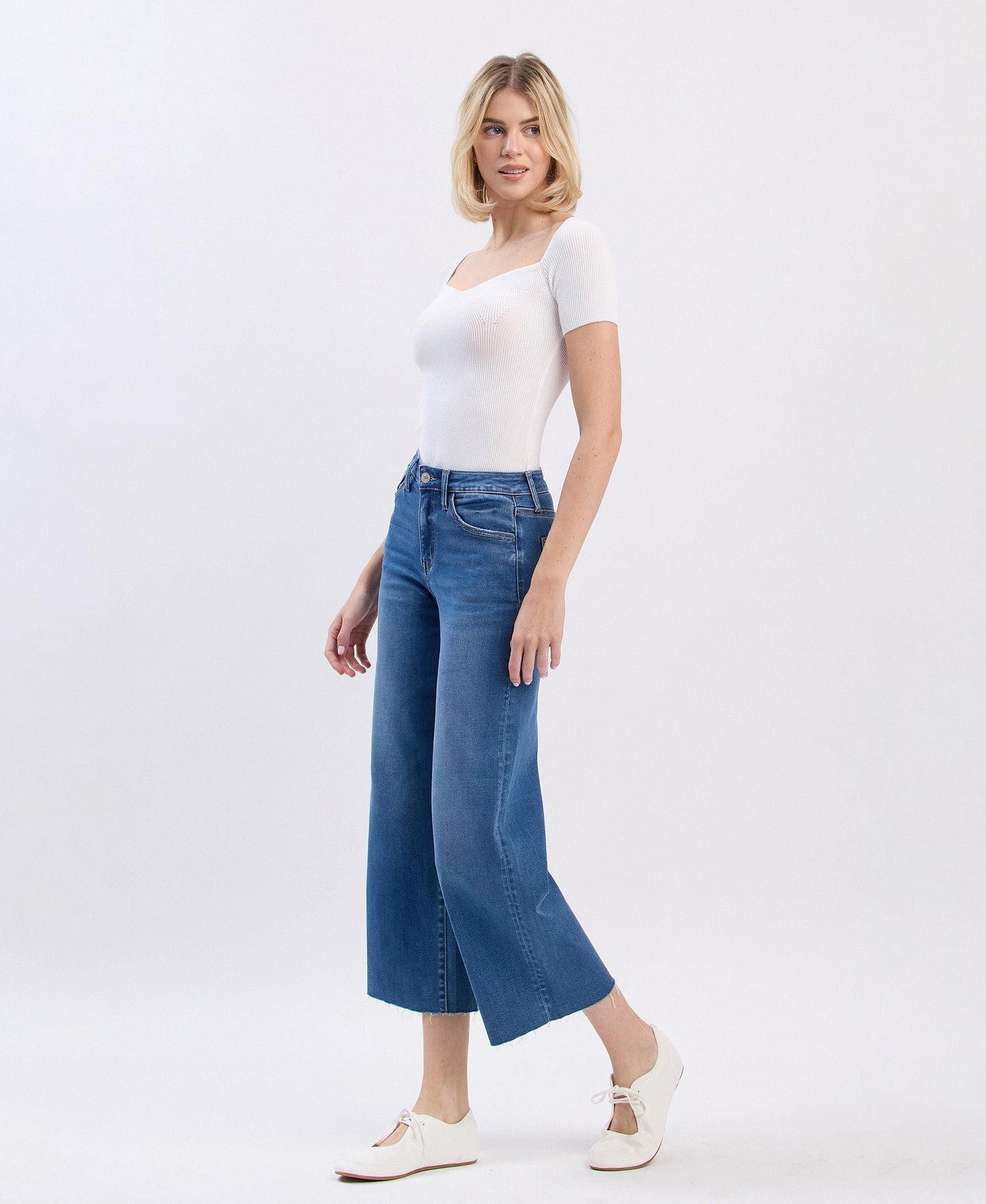 Left 45 degrees product image of Right - High Rise Raw Hem Crop Slim Wide Leg Jeans