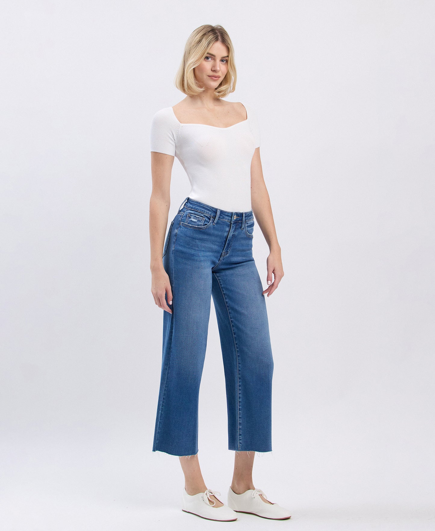 Right 45 degrees product image of Right - High Rise Raw Hem Crop Slim Wide Leg Jeans