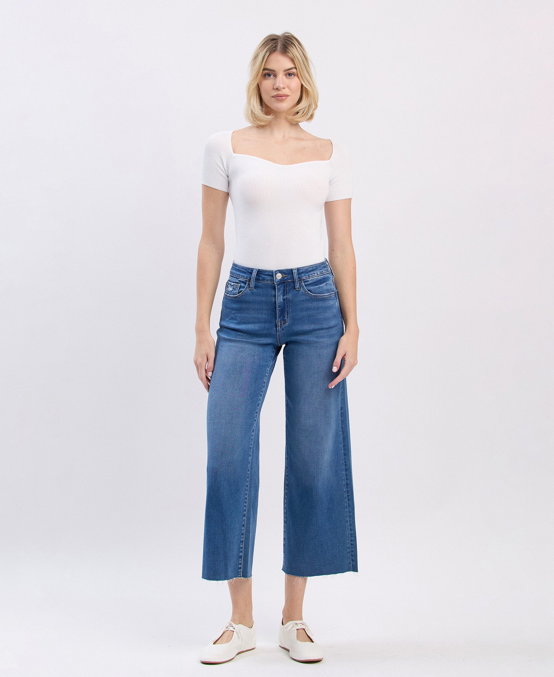 Front product images of Right - High Rise Raw Hem Crop Slim Wide Leg Jeans