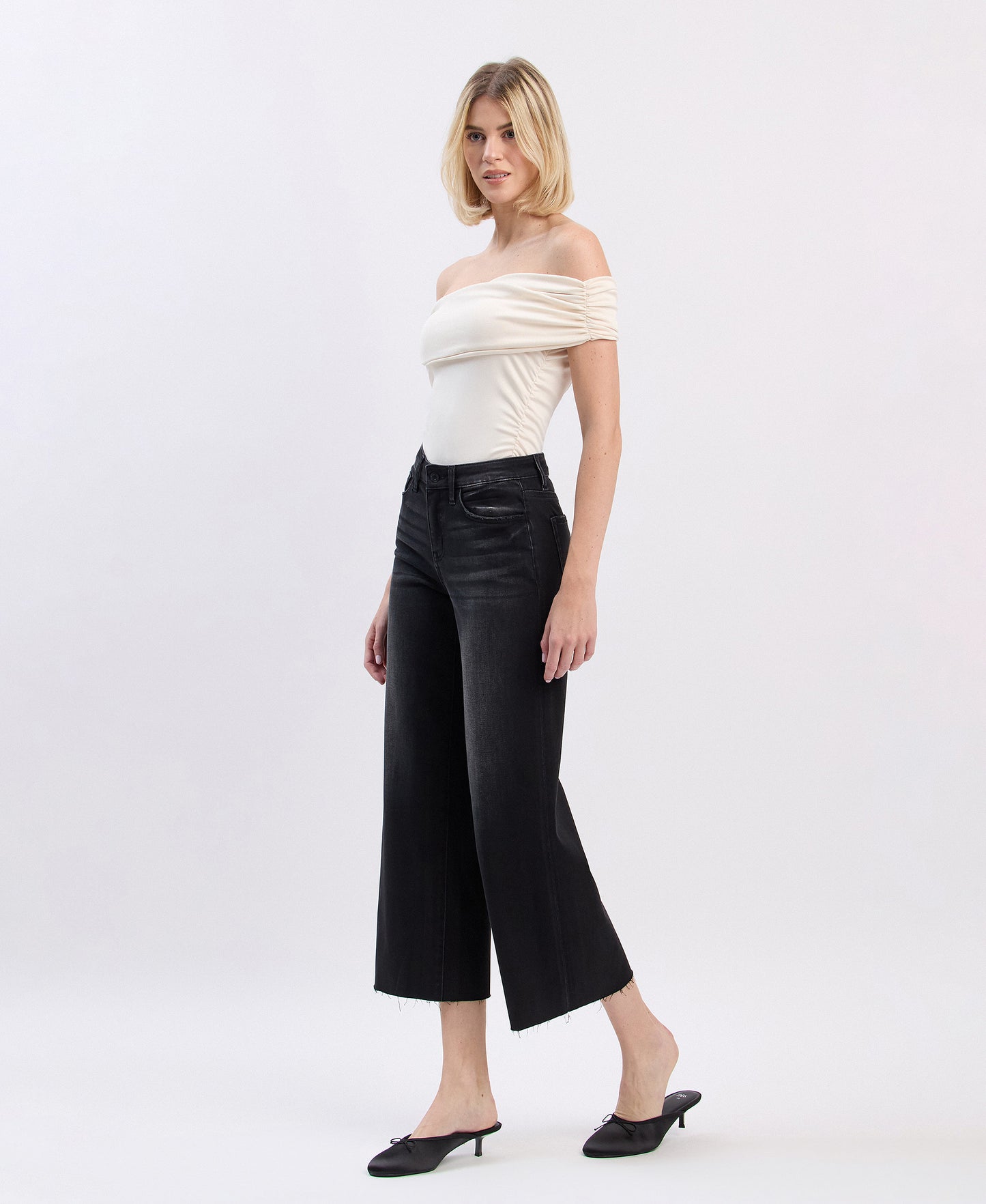 Left 45 degrees product image of Black - High Rise Clean Cut Hem Crop Slim Wide Leg Jeans