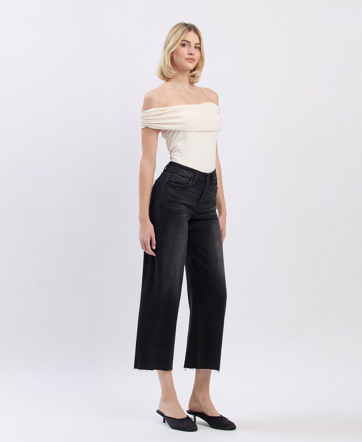 Right 45 degrees product image of Black - High Rise Clean Cut Hem Crop Slim Wide Leg Jeans