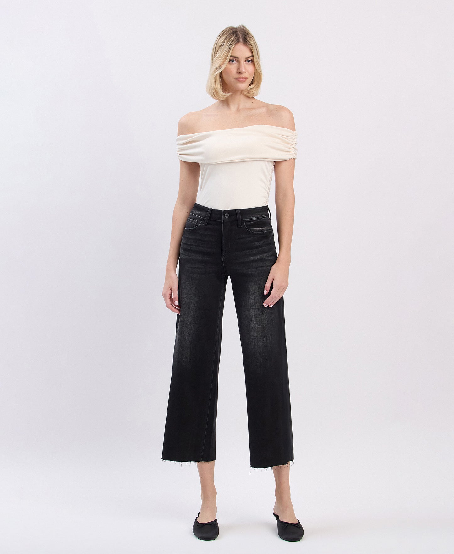 Front product images of Black - High Rise Clean Cut Hem Crop Slim Wide Leg Jeans