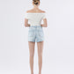 Back product images of Say Hey - High Rise Distressed Raw Hem A Line Denim Shorts