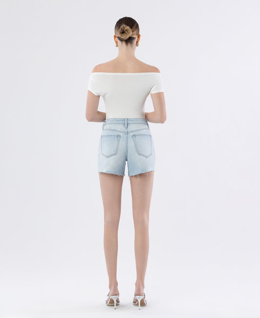 Back product images of Say Hey - High Rise Distressed Raw Hem A Line Denim Shorts