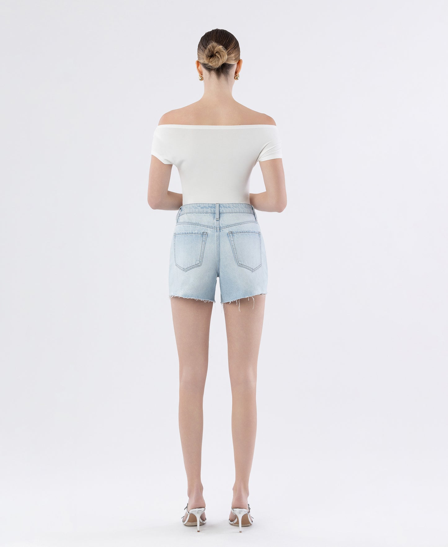 Back product images of Say Hey - High Rise Distressed Raw Hem A Line Denim Shorts