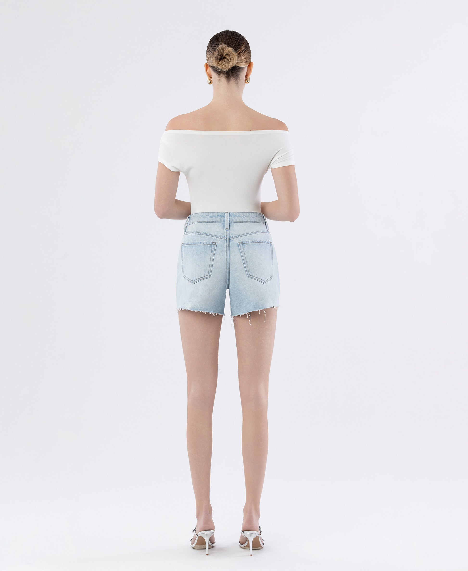 Back product images of Say Hey - High Rise Distressed Raw Hem A Line Denim Shorts