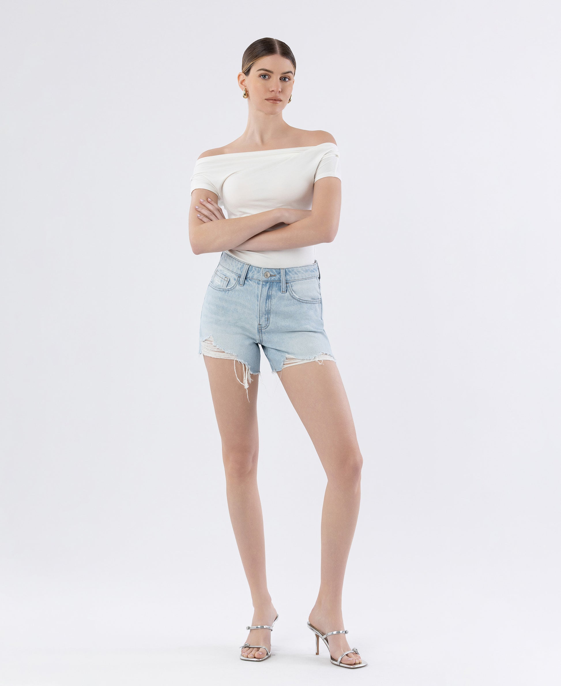 Front product images of Say Hey - High Rise Distressed Raw Hem A Line Denim Shorts