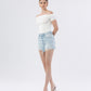 Left 45 degrees product image of Say Hey - High Rise Distressed Raw Hem A Line Denim Shorts