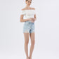 Right 45 degrees product image of Say Hey - High Rise Distressed Raw Hem A Line Denim Shorts