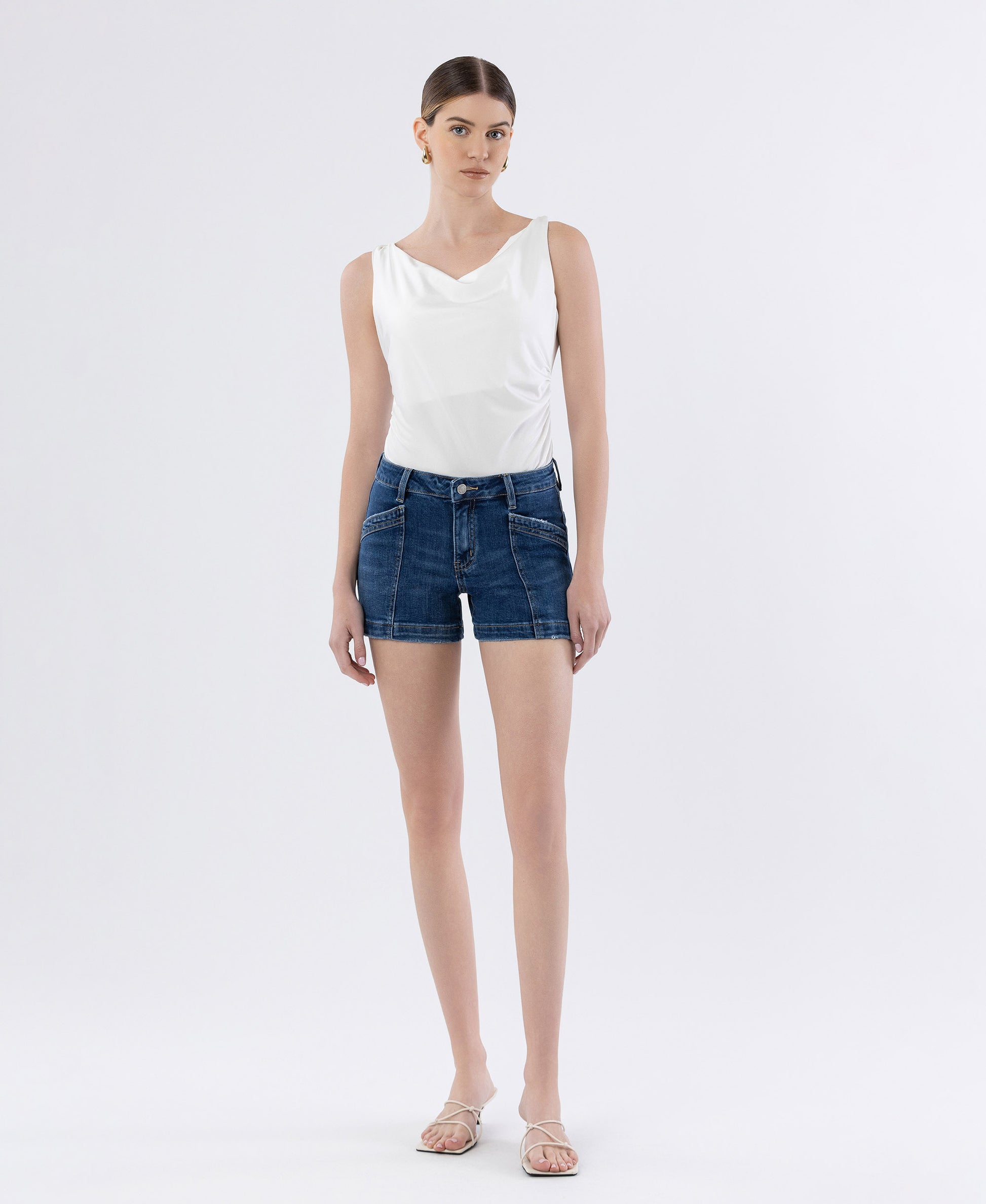 Front product images of Sugar - High Rise Trouser Hem Utility Denim Shorts