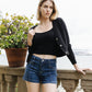 editorial image of Sugar - High Rise Trouser Hem Utility Denim Shorts