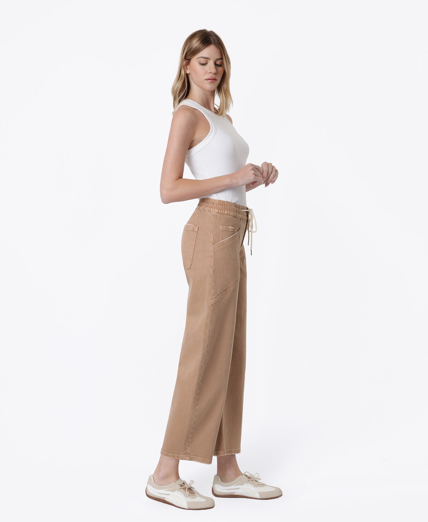 Right side product images of Warm Taupe - High Rise Elastic WB Drawstring Wide Barrel Jeans