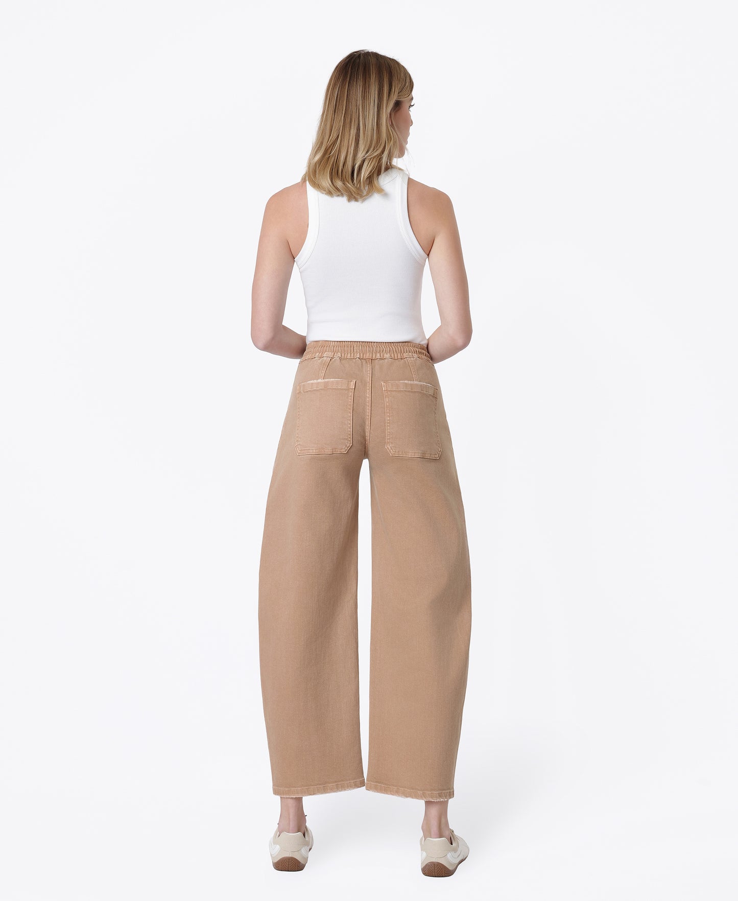 Back product images of Warm Taupe - High Rise Elastic WB Drawstring Wide Barrel Jeans
