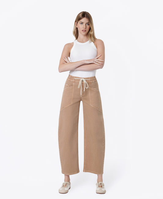 Front product images of Warm Taupe - High Rise Elastic WB Drawstring Wide Barrel Jeans