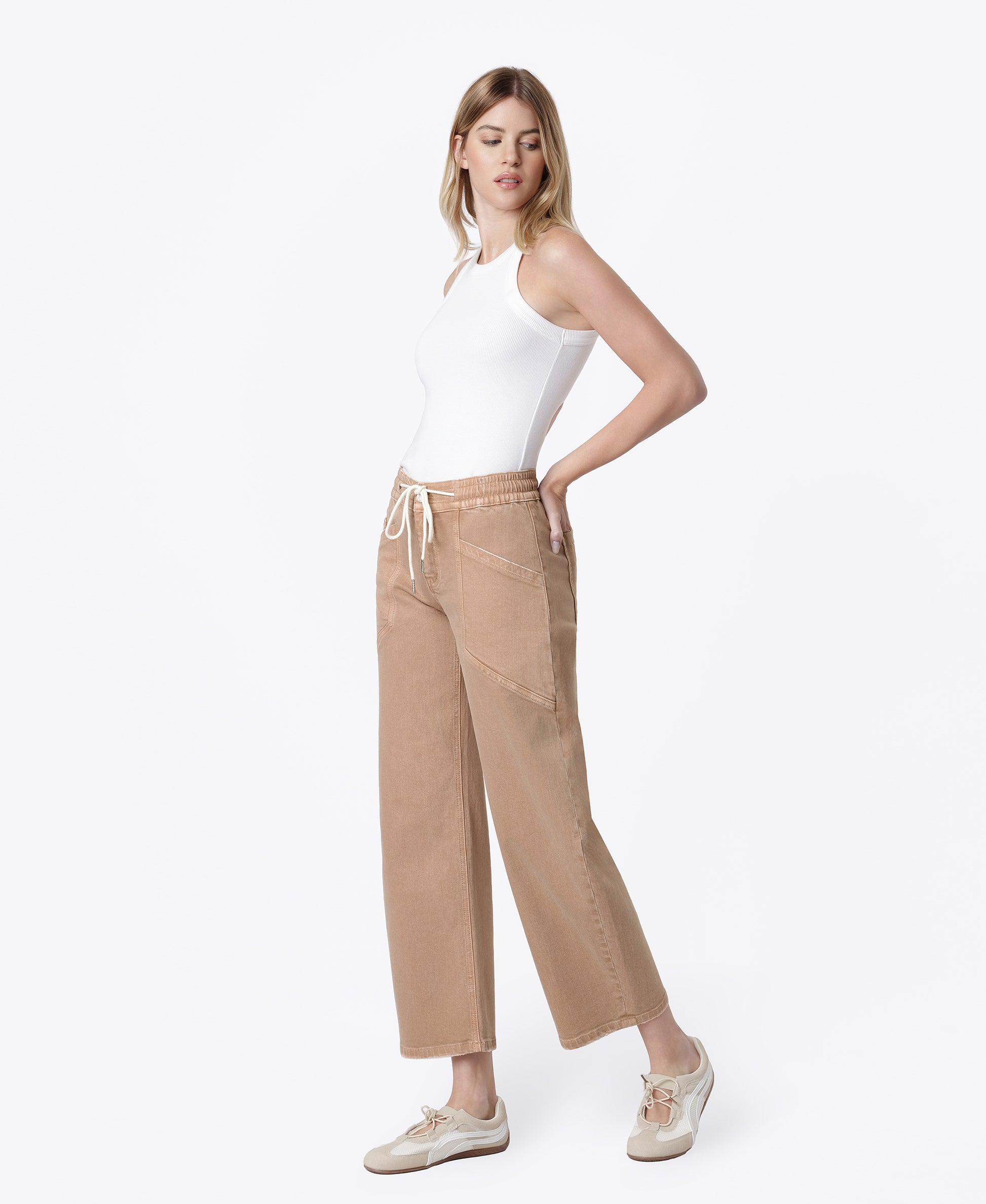 Left 45 degrees product image of Warm Taupe - High Rise Elastic WB Drawstring Wide Barrel Jeans