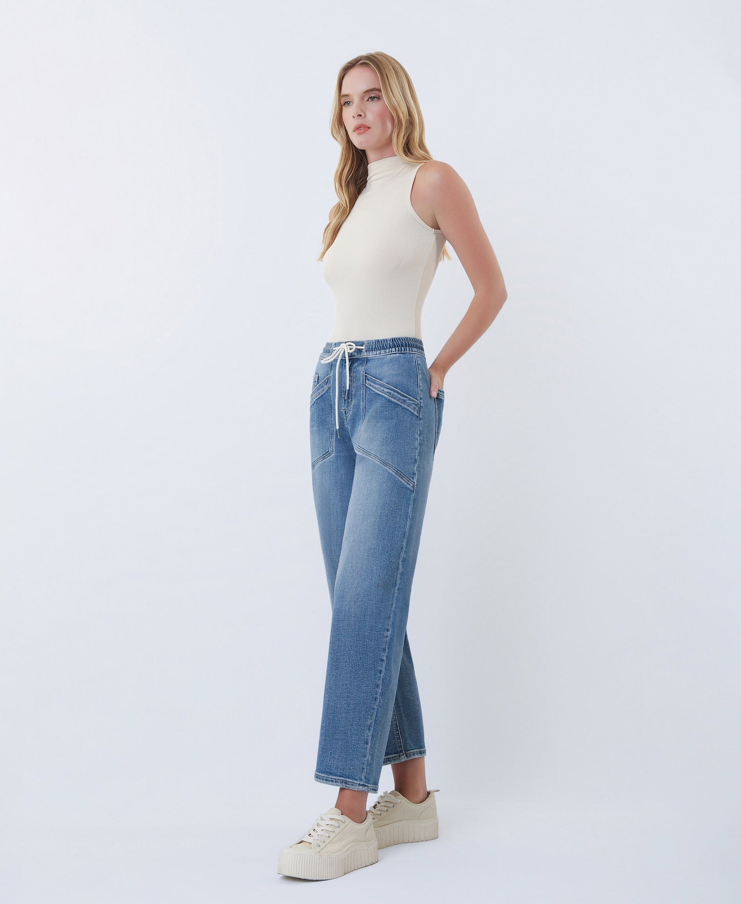 Left 45 degrees product image of Upstanding - High Rise Elastic Waistband Wide Barrel Jeans