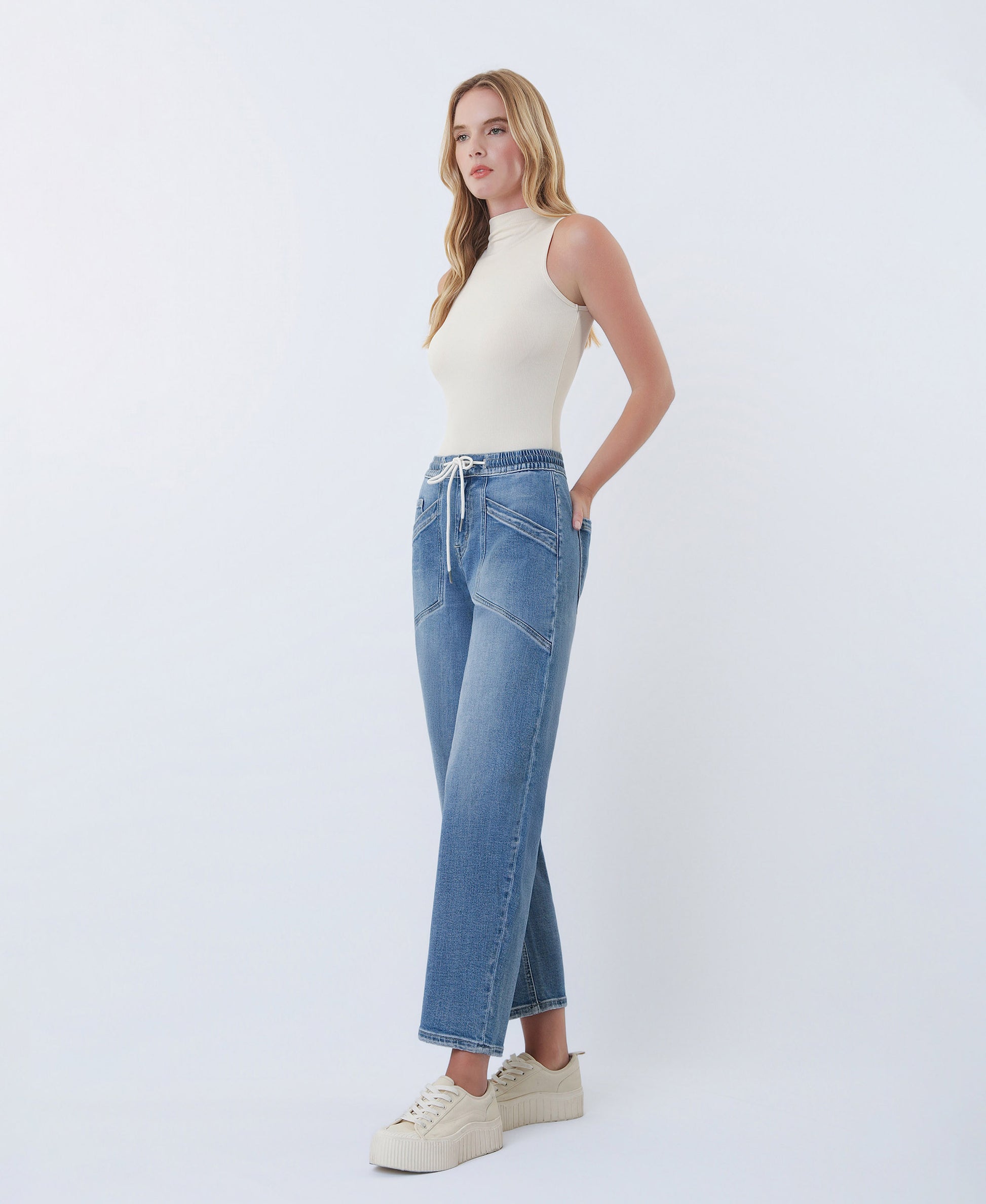 Left 45 degrees product image of Upstanding - High Rise Elastic Waistband Wide Barrel Jeans
