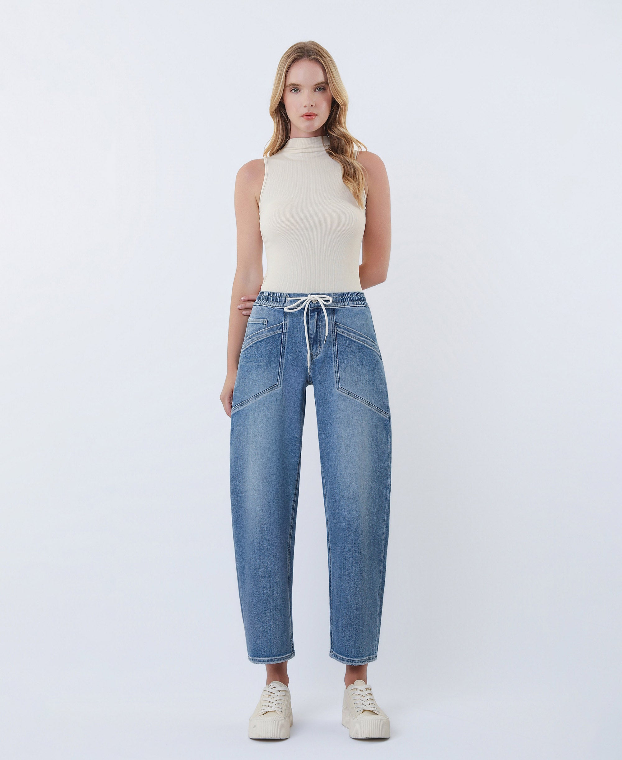 belvet rigid denim インディゴ　Mサイズ VERVET Upstanding High Rise Elastic Waistband Wide Barrel Jeans