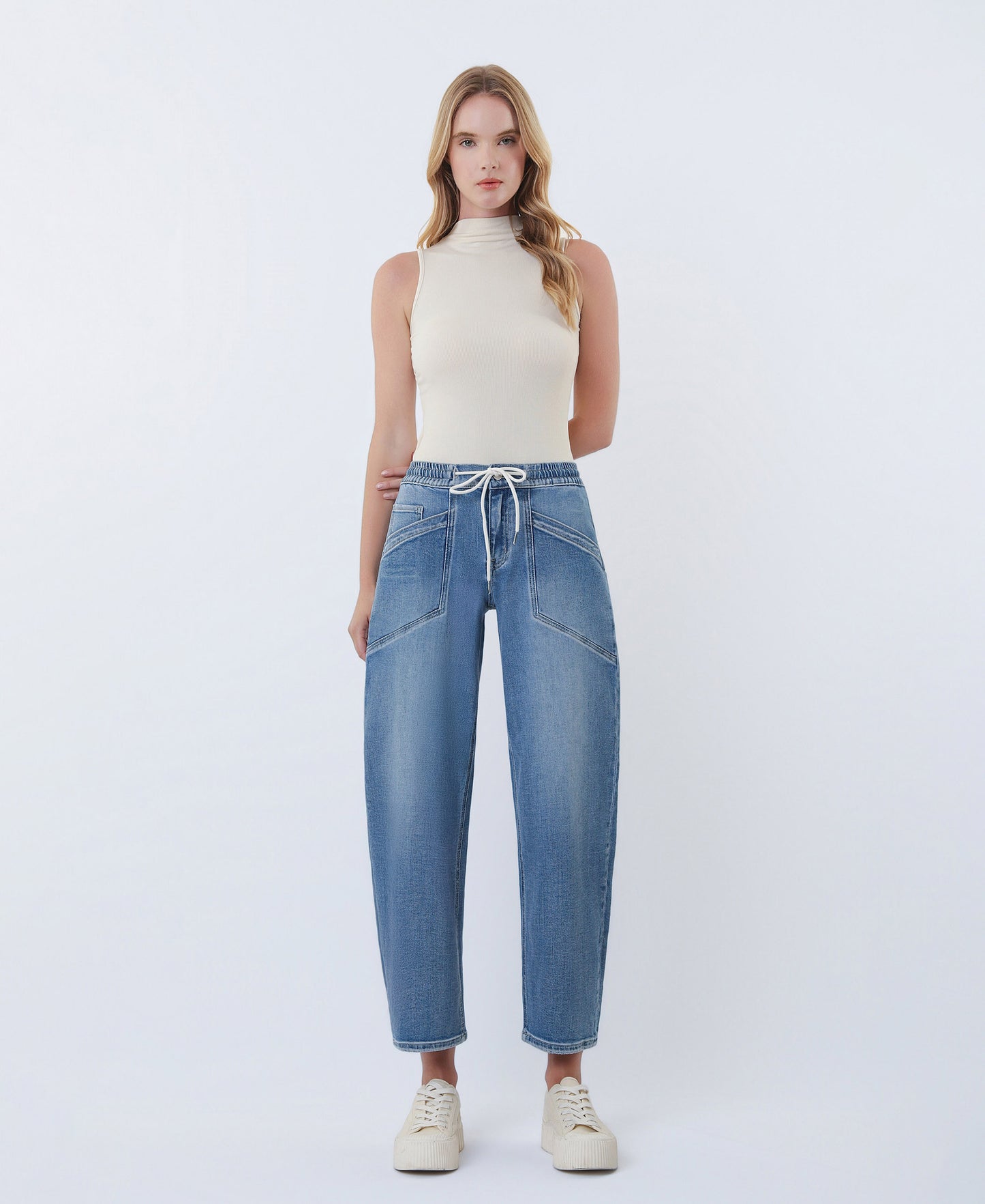 Front product images of Upstanding - High Rise Elastic Waistband Wide Barrel Jeans