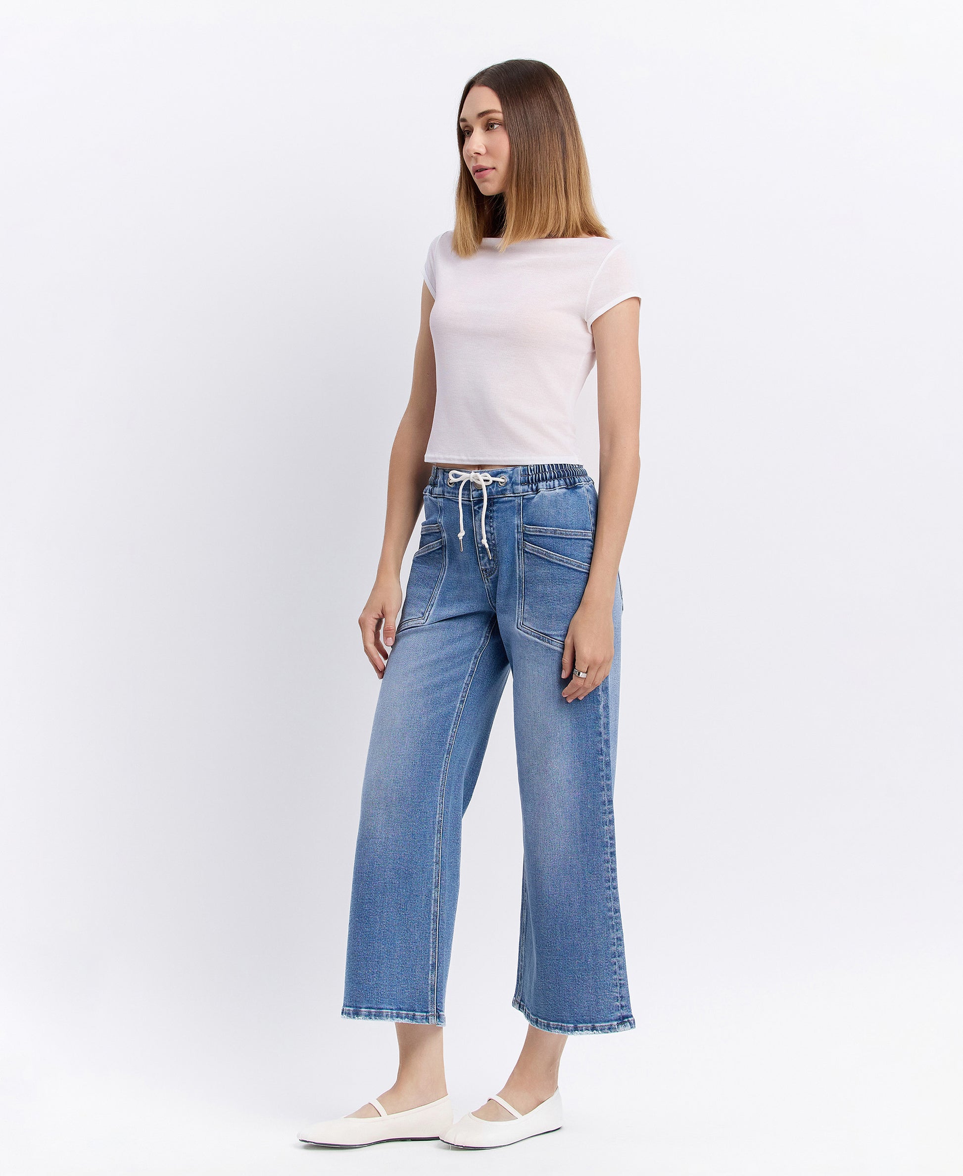 Left 45 degrees product image of Reassure - High Rise Drawstring Wide Leg Jeans