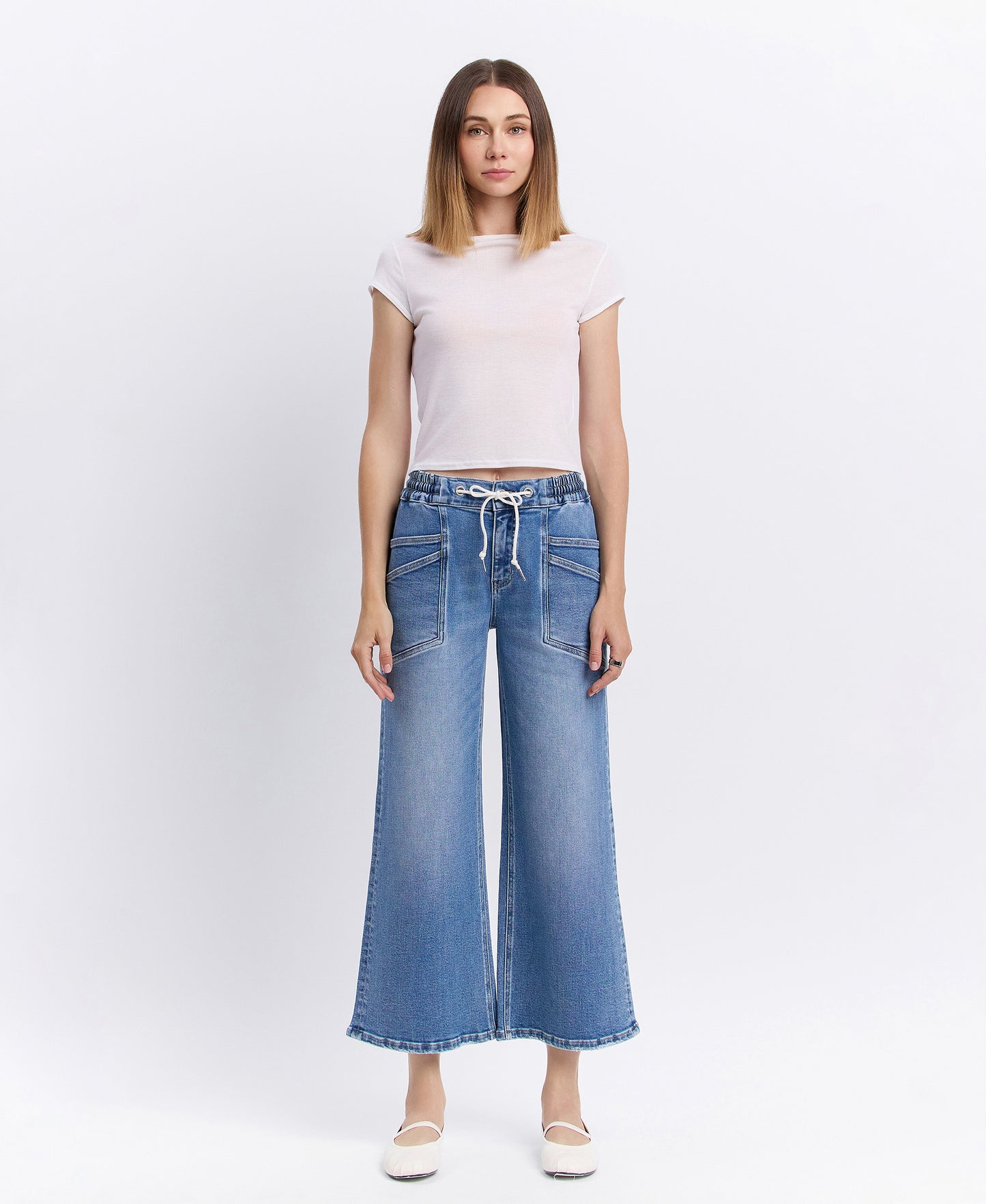 Front product images of Reassure - High Rise Drawstring Wide Leg Jeans