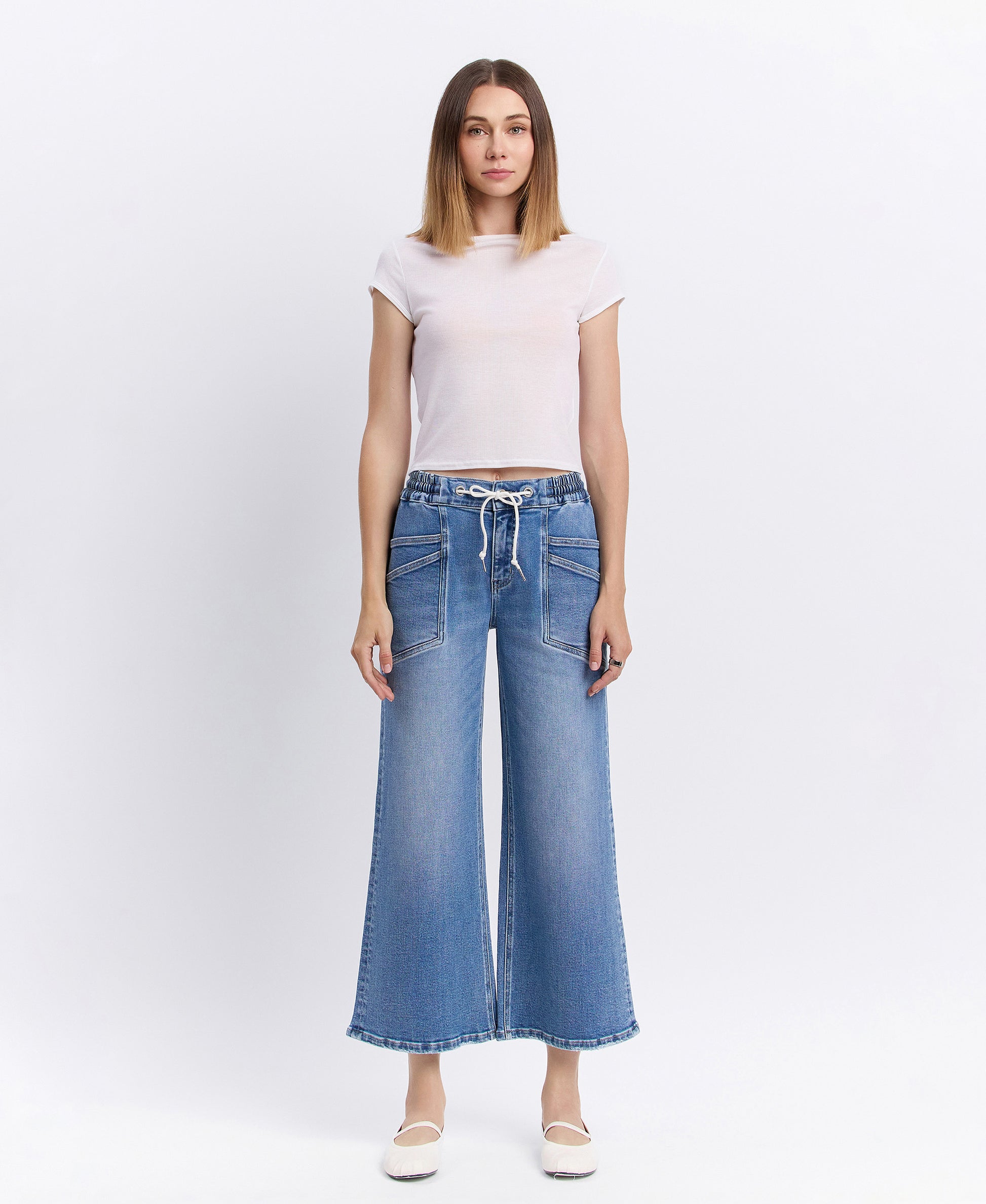 Front product images of Reassure - High Rise Drawstring Wide Leg Jeans