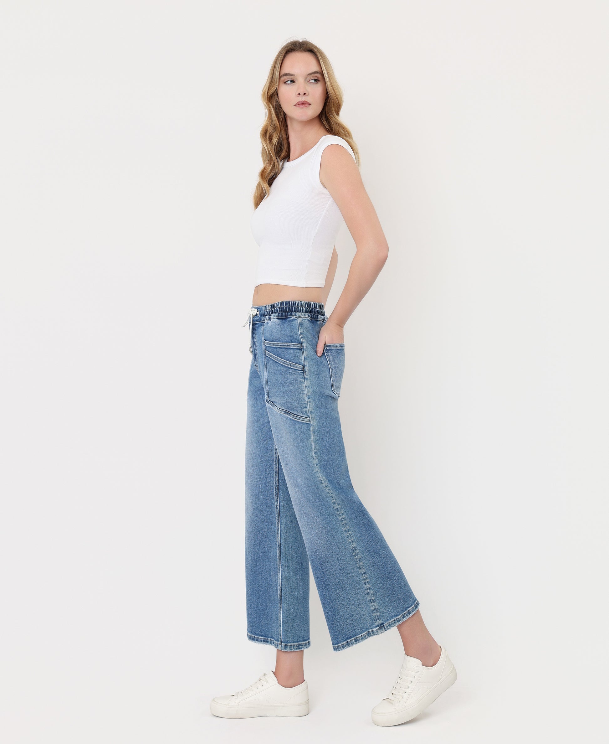 Left 45 degrees product image of Reassure - High Rise Drawstring Wide Leg Jeans