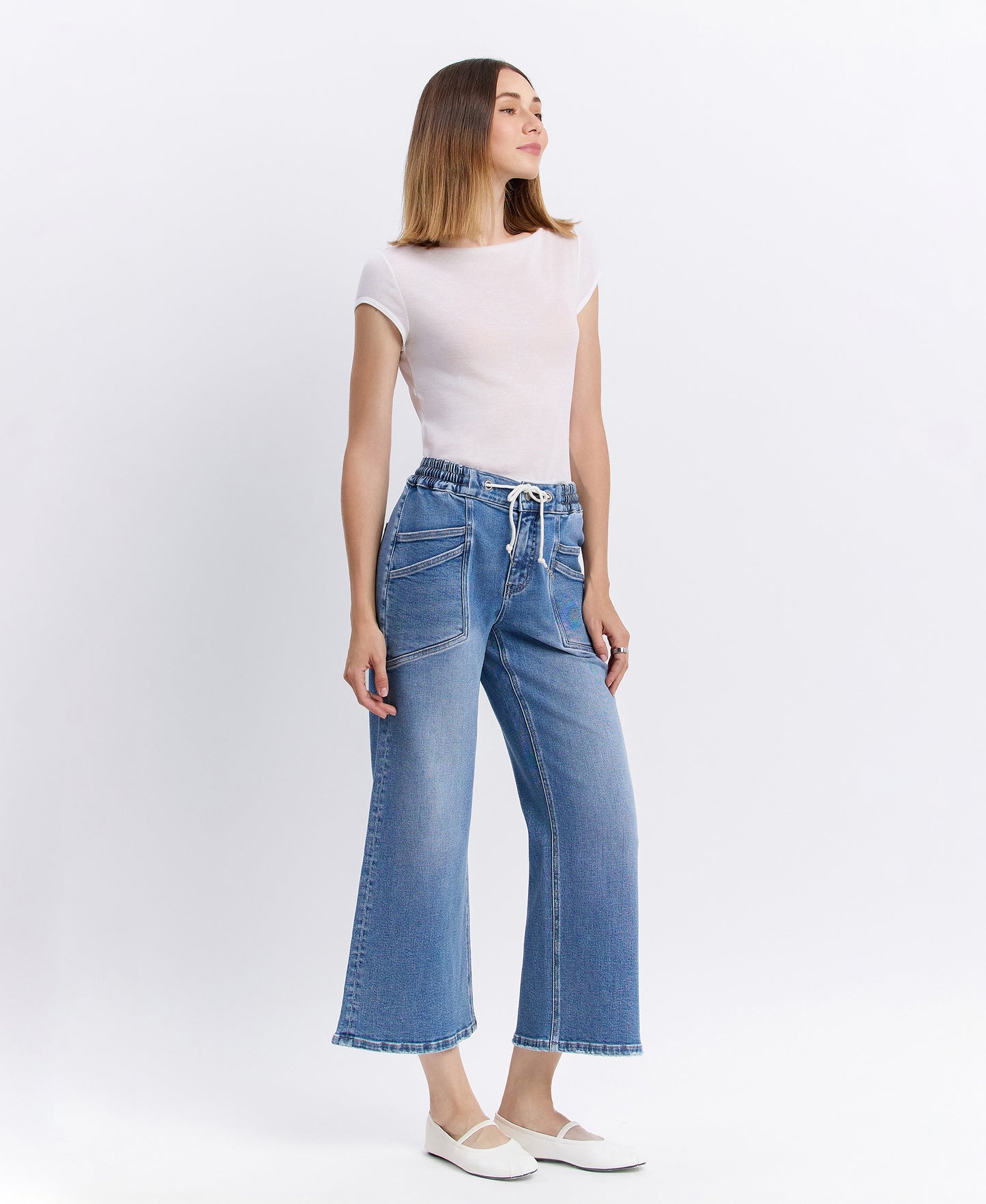 Right 45 degrees product image of Reassure - High Rise Drawstring Wide Leg Jeans
