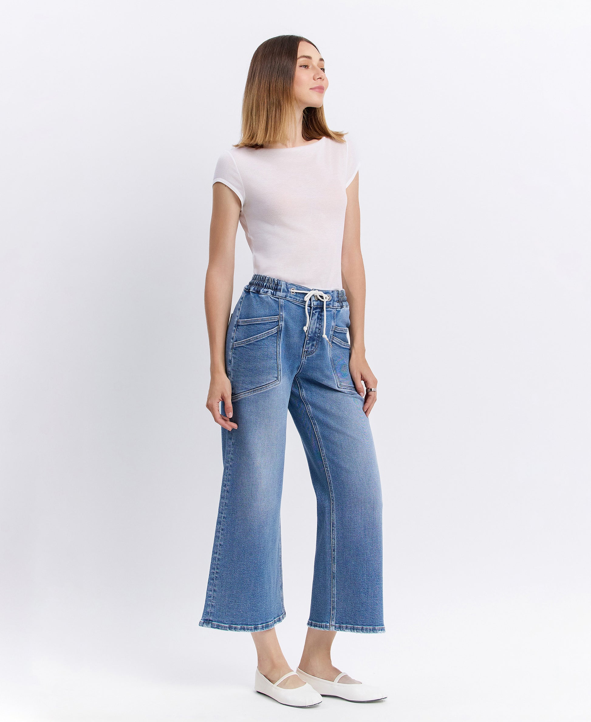 Right 45 degrees product image of Reassure - High Rise Drawstring Wide Leg Jeans