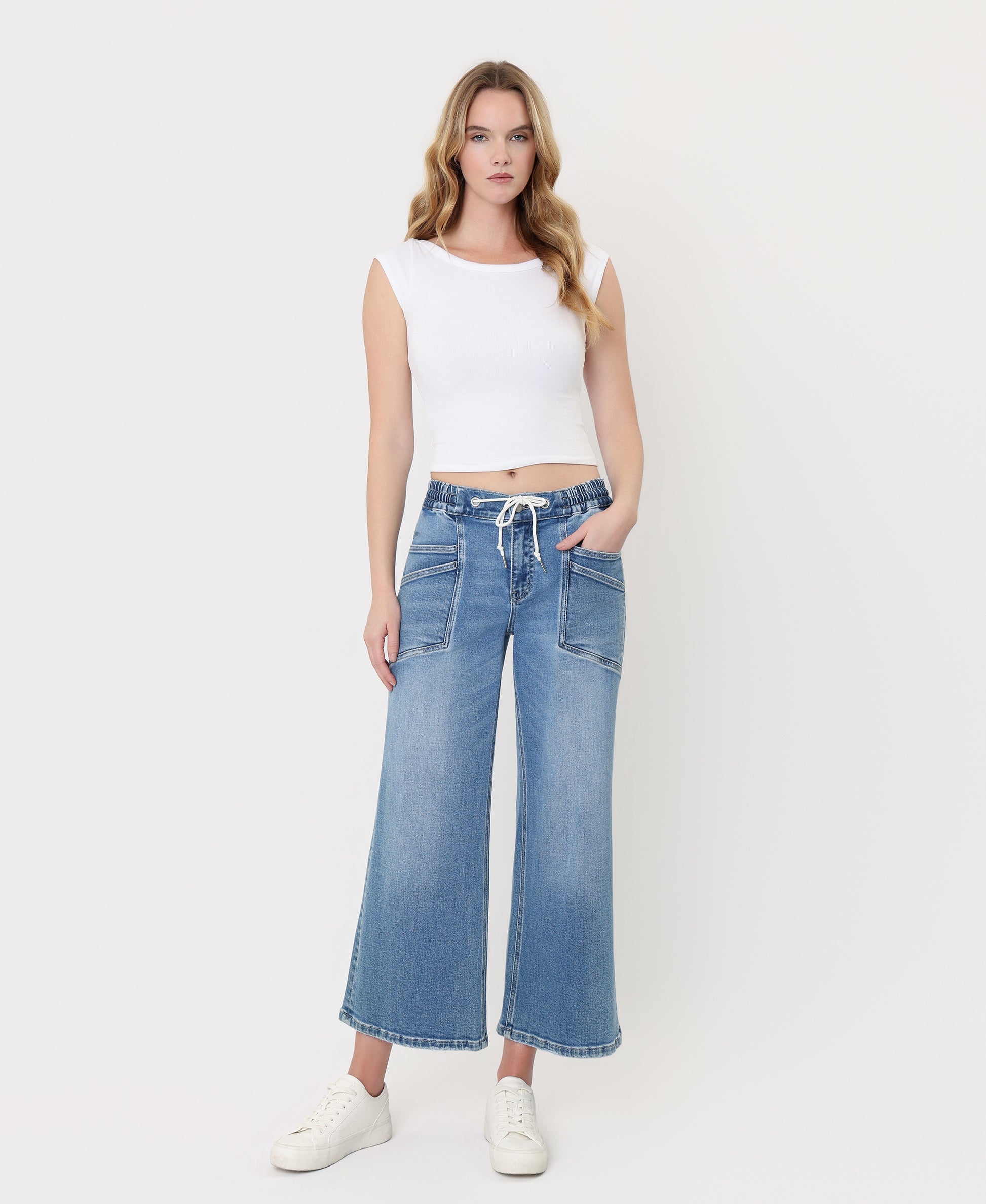 Front product images of Reassure - High Rise Drawstring Wide Leg Jeans