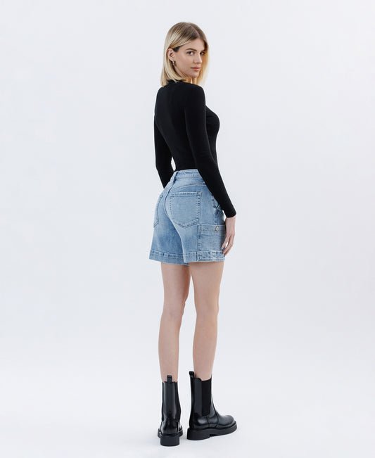 Back product images of Radiant Flow - Mid Rise Pocket Wide Bermuda Denim Shorts