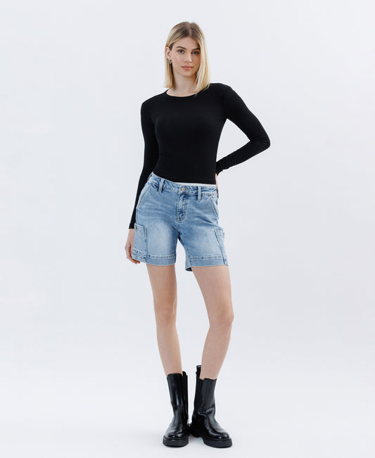 Front product images of Radiant Flow - Mid Rise Pocket Wide Bermuda Denim Shorts