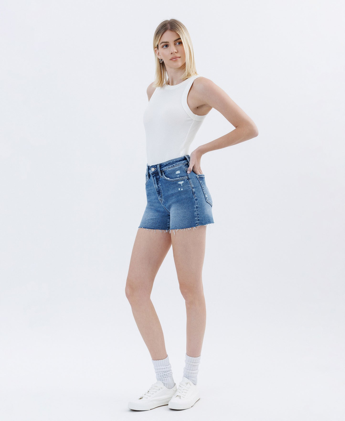 Left 45 degrees product image of Successes - High Rise Raw Hem Denim Shorts