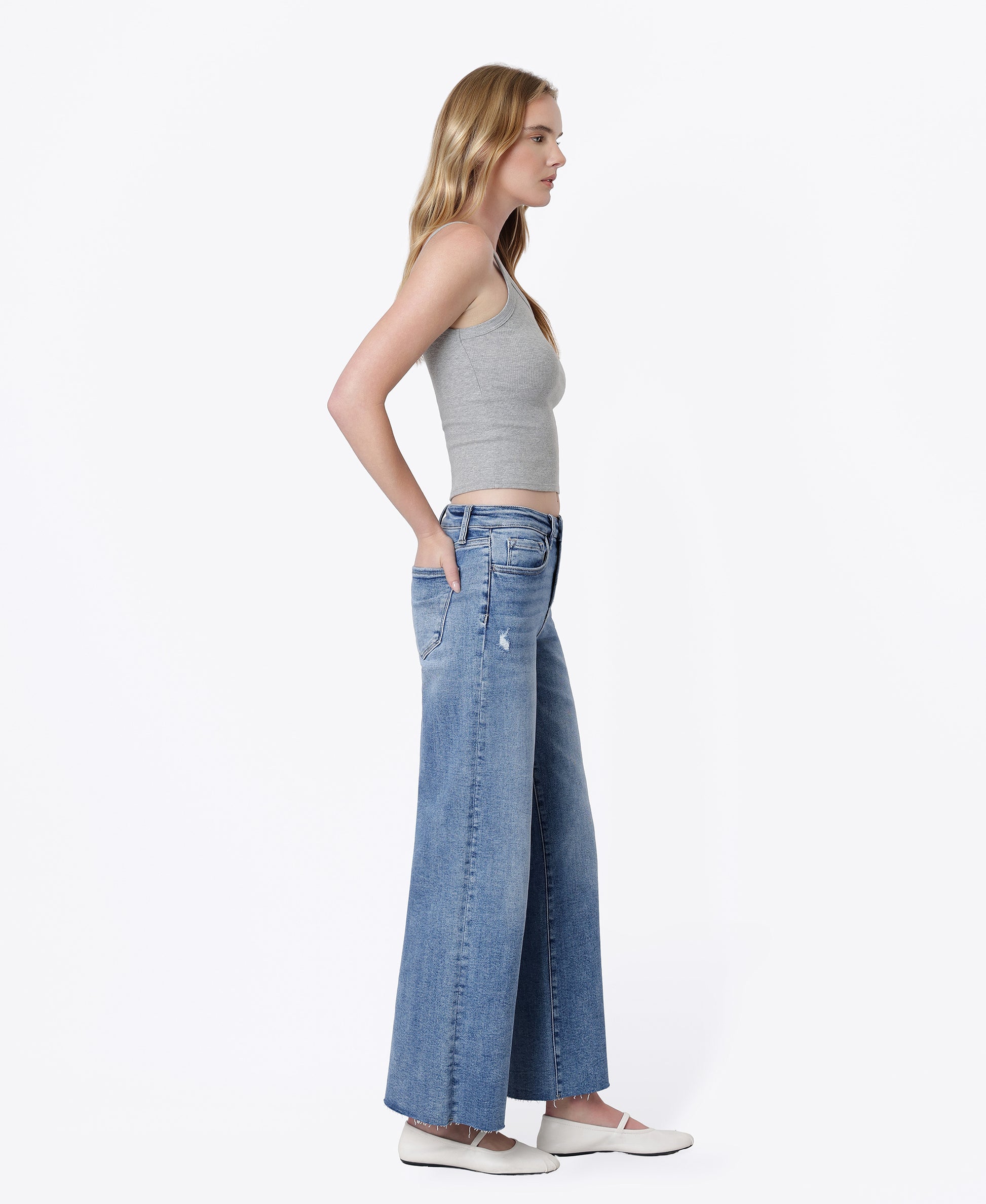 Right side product images of Matchless - High Rise Raw Hem Ankle Wide Leg Jeans