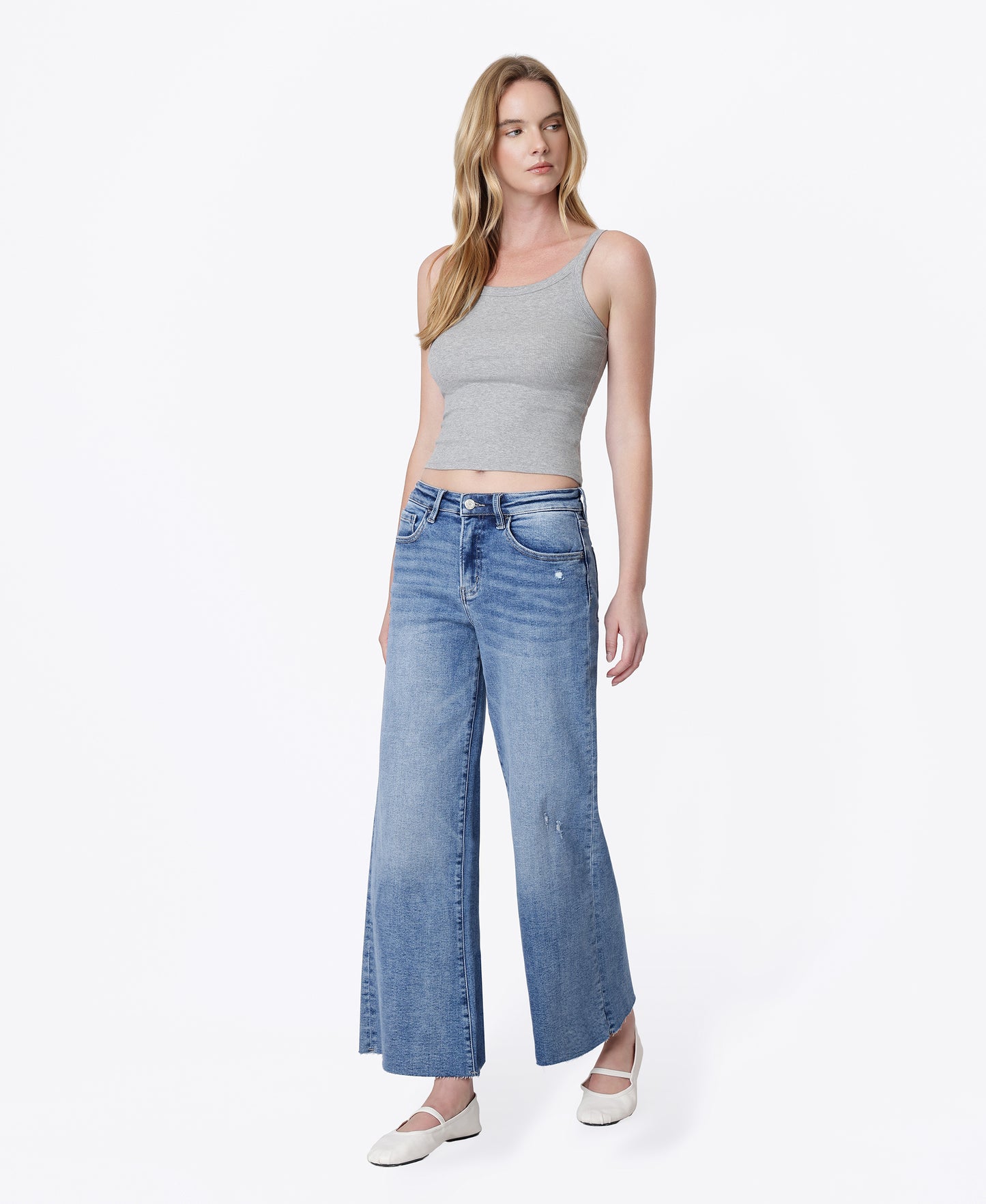 Left 45 degrees product image of Matchless - High Rise Raw Hem Ankle Wide Leg Jeans