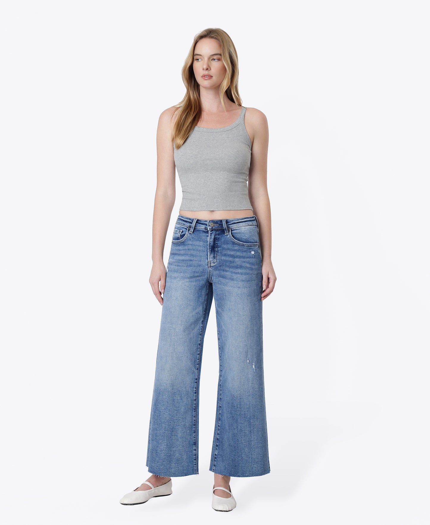 Front product images of Matchless - High Rise Raw Hem Ankle Wide Leg Jeans
