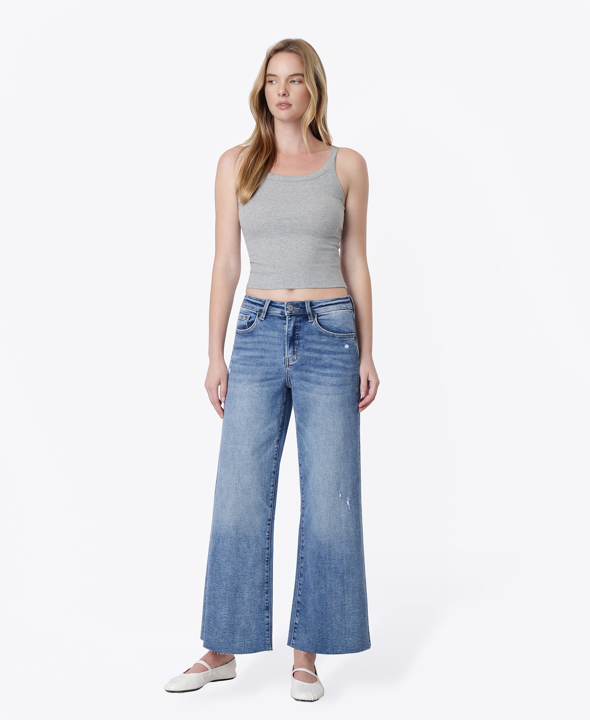 Front product images of Matchless - High Rise Raw Hem Ankle Wide Leg Jeans
