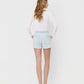 Stripe - High Rise Drawstring Striped Denim Shorts