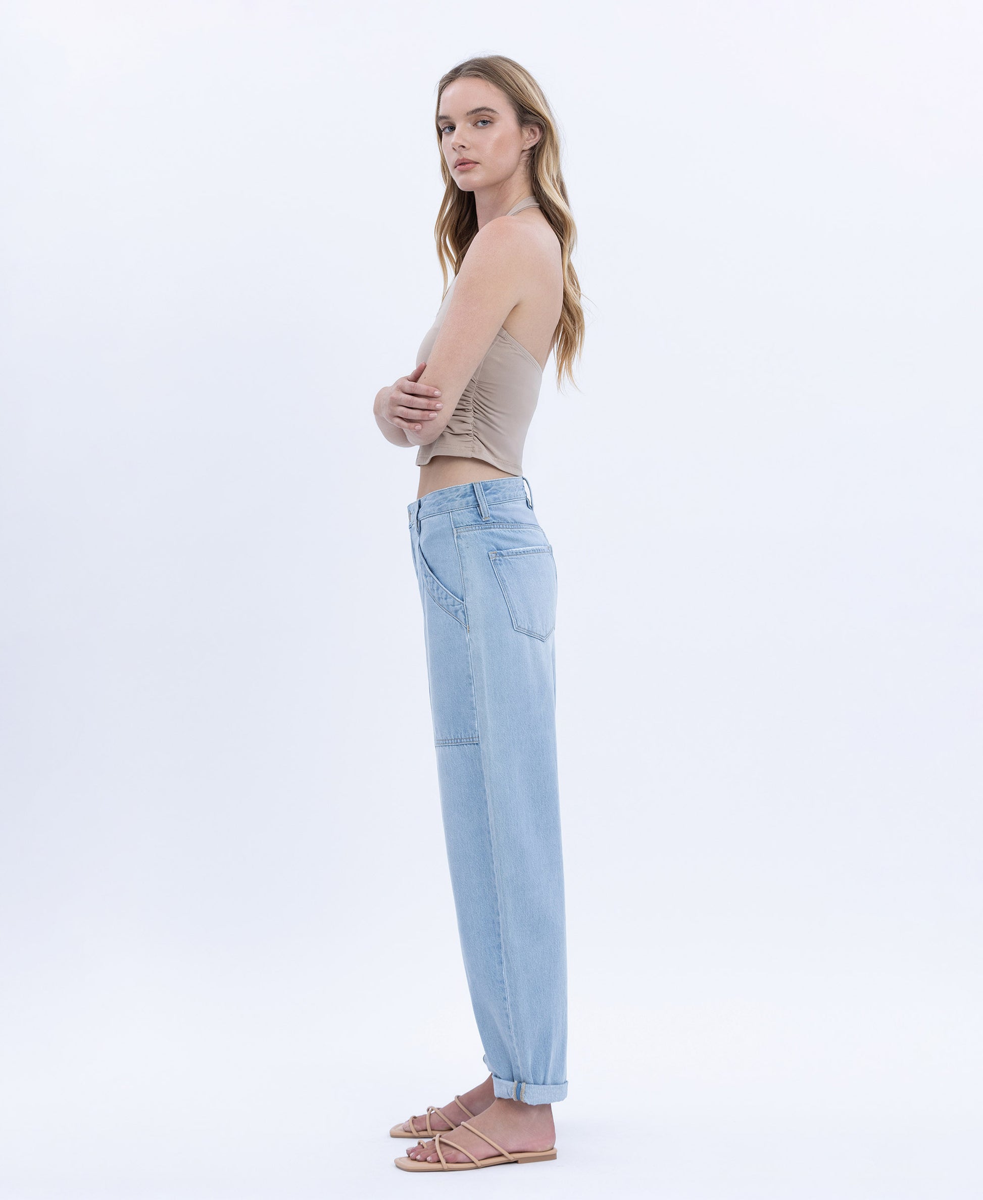Left 45 degrees product image of Plur - Super High Rise Cuffed Ankle Barrel Jeans