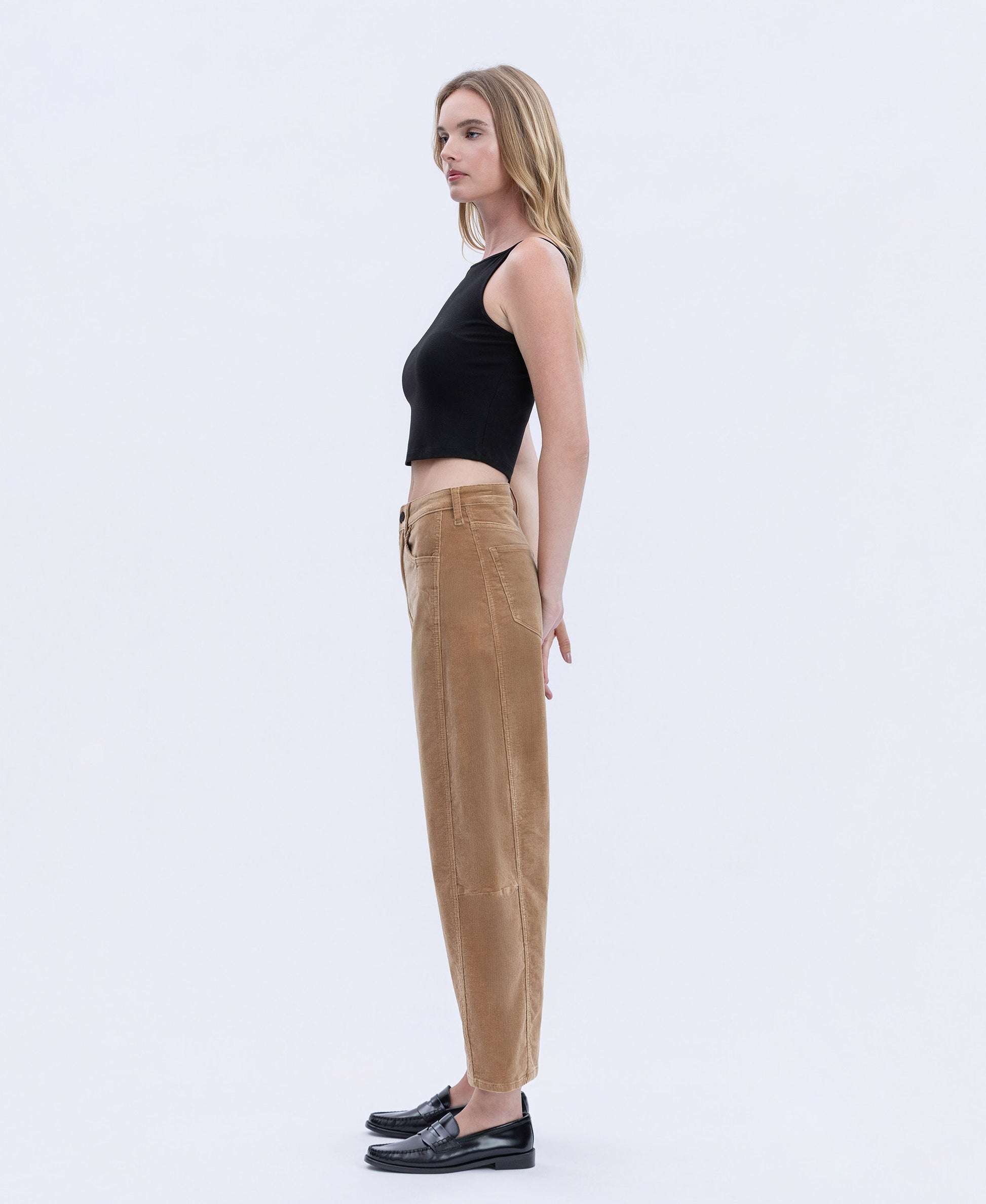 Left side product images of Khaki - High Rise Corduroy Barrel Jeans