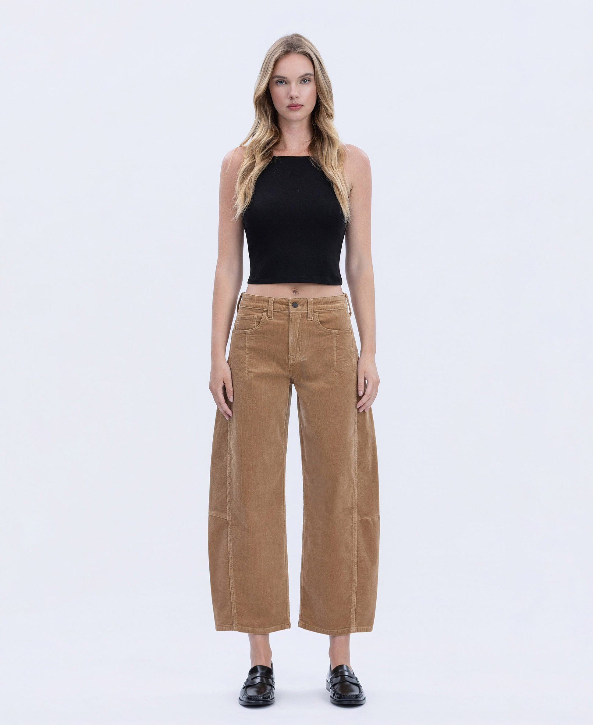 Front product images of Khaki - High Rise Corduroy Barrel Jeans