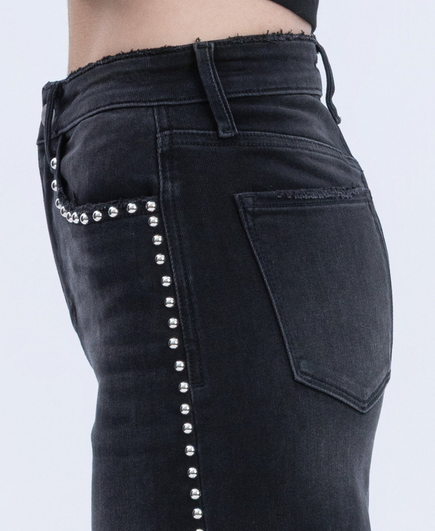 detail image of Black - High Rise Silver Dome Nail Head Detail Wide Leg Jeans