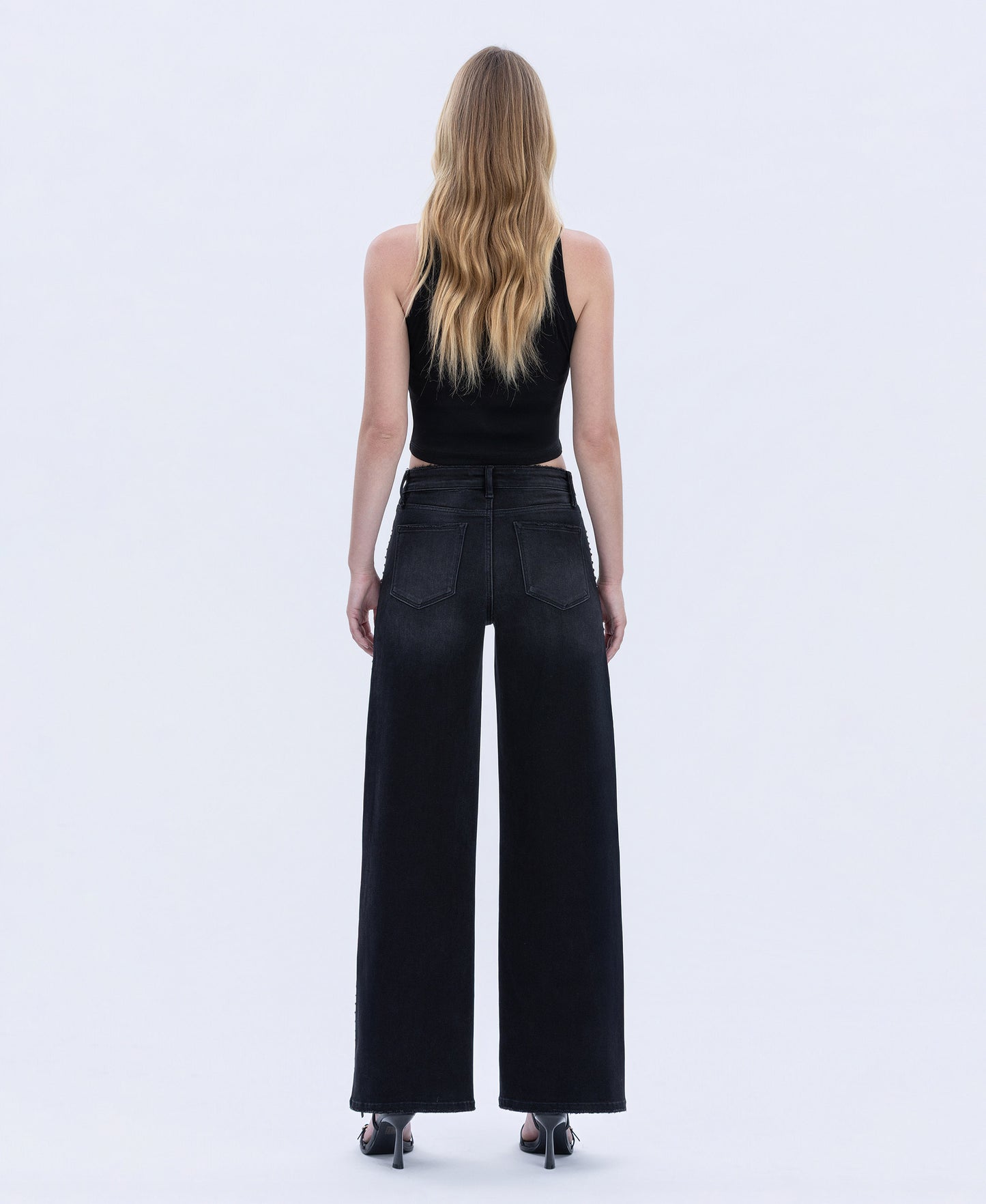 Back product images of Black - High Rise Silver Dome Nail Head Detail Wide Leg Jeans