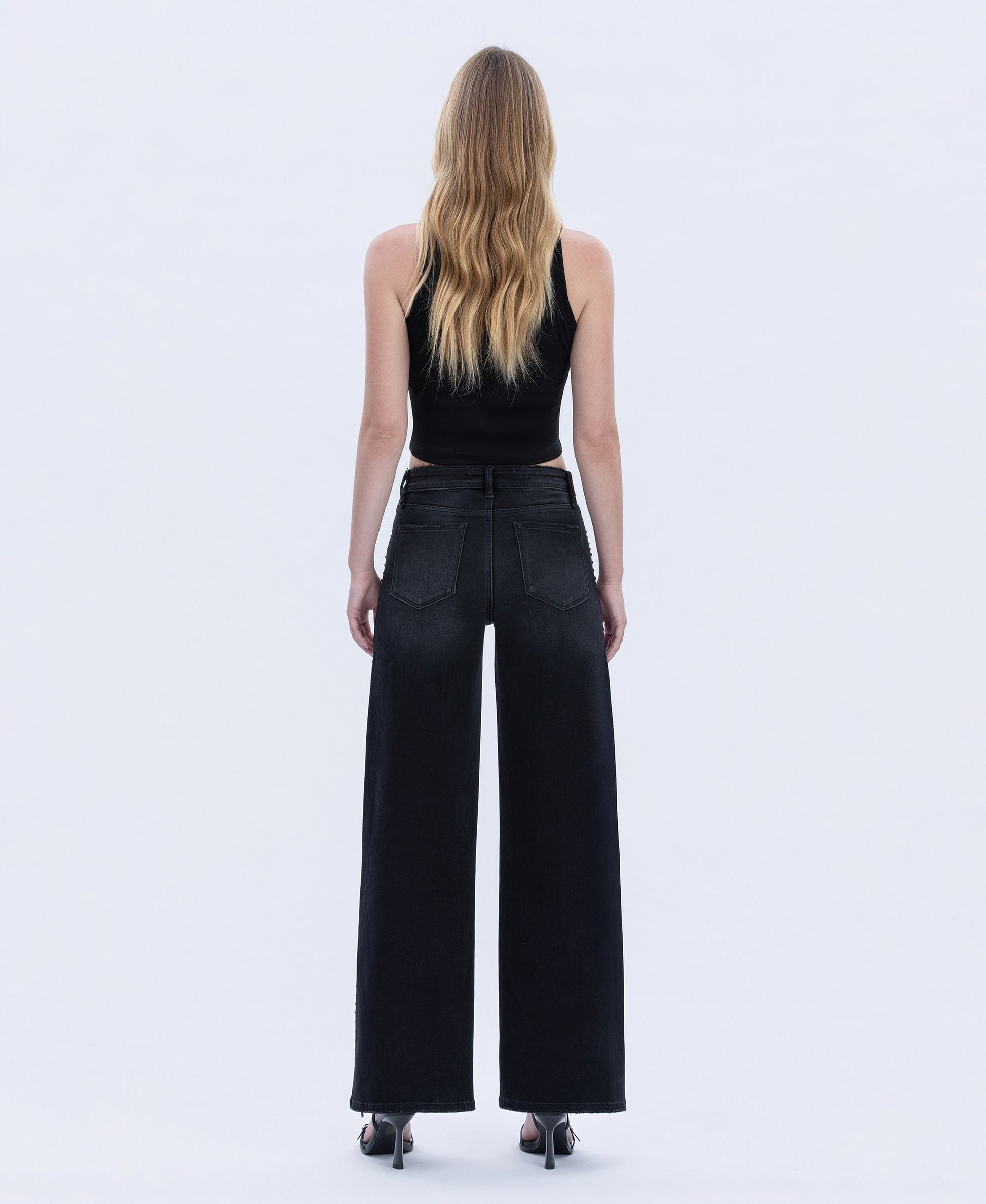 Back product images of Black - High Rise Silver Dome Nail Head Detail Wide Leg Jeans